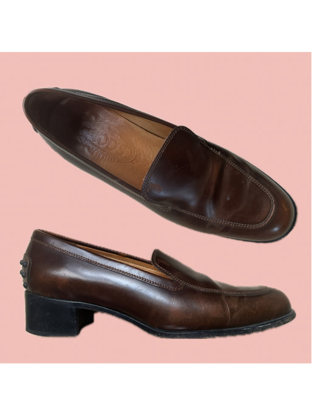 Tod’s Leather Loafers Brown Block Heel Made in Italy Size 36 / US 6
